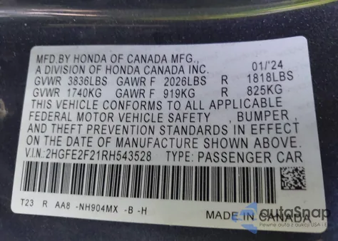 2024 Honda Civic Lx from USA, damaged, VIN 2HGFE2F21RH543528